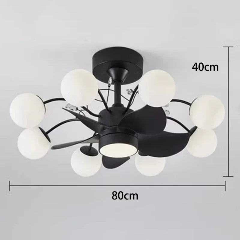 Black ceiling light fixture with white spherical lights and dimensions on a gray background