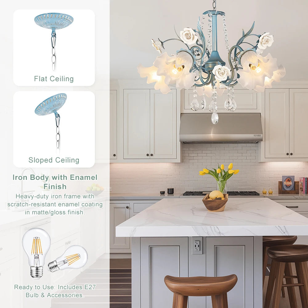 Kitchen with a decorative chandelier, island, and stools.