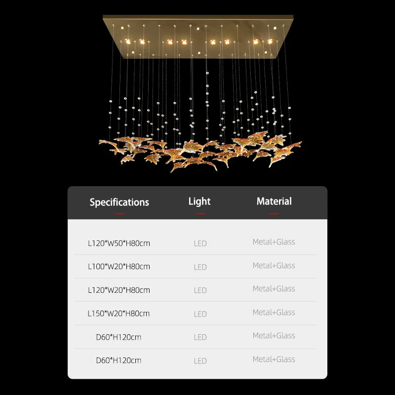 Chandelier with specifications table on a black background