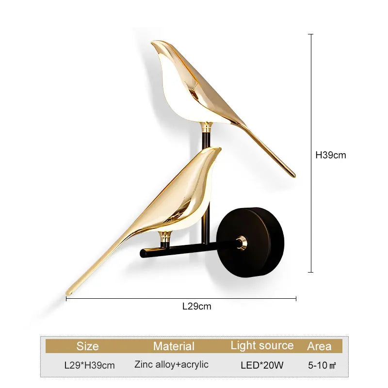 Gold bird-shaped wall light with dimensions and specifications on a white background