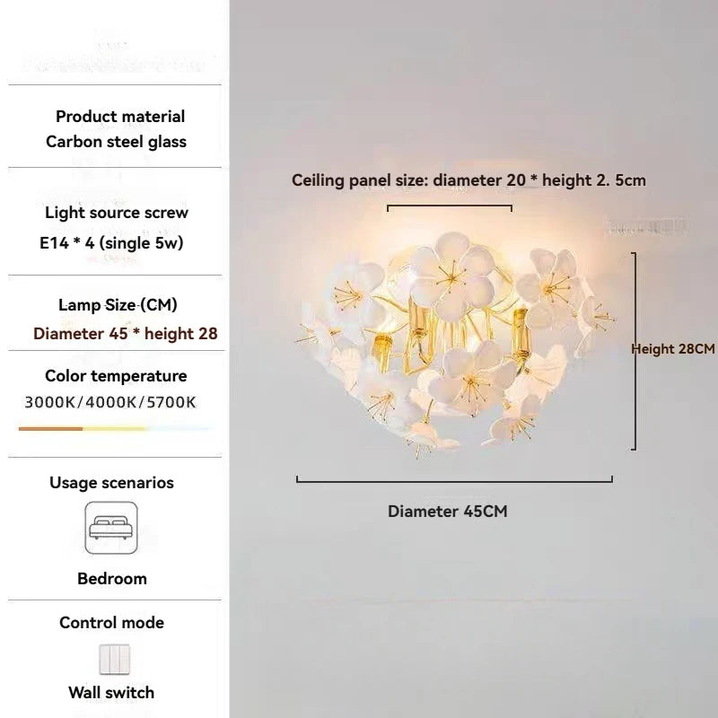 Ceiling light fixture with floral design and measurement details on a white background