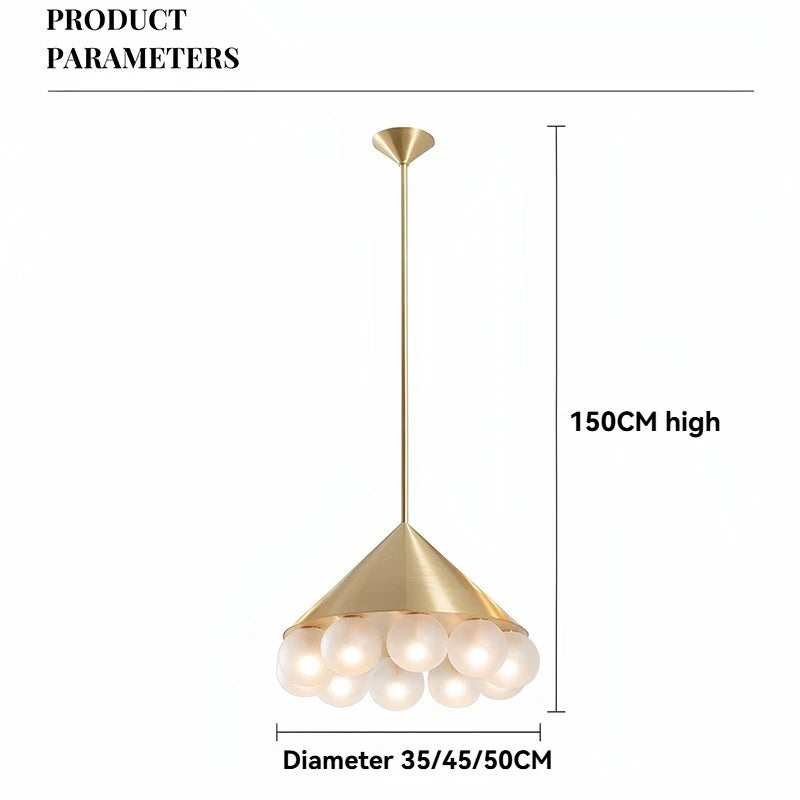 Gold pendant light with dimensions on a white background