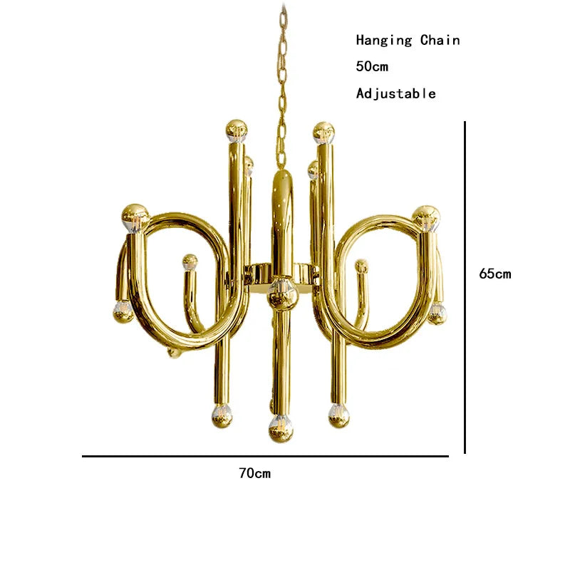 Gold chandelier with hanging chain measurements on a white background