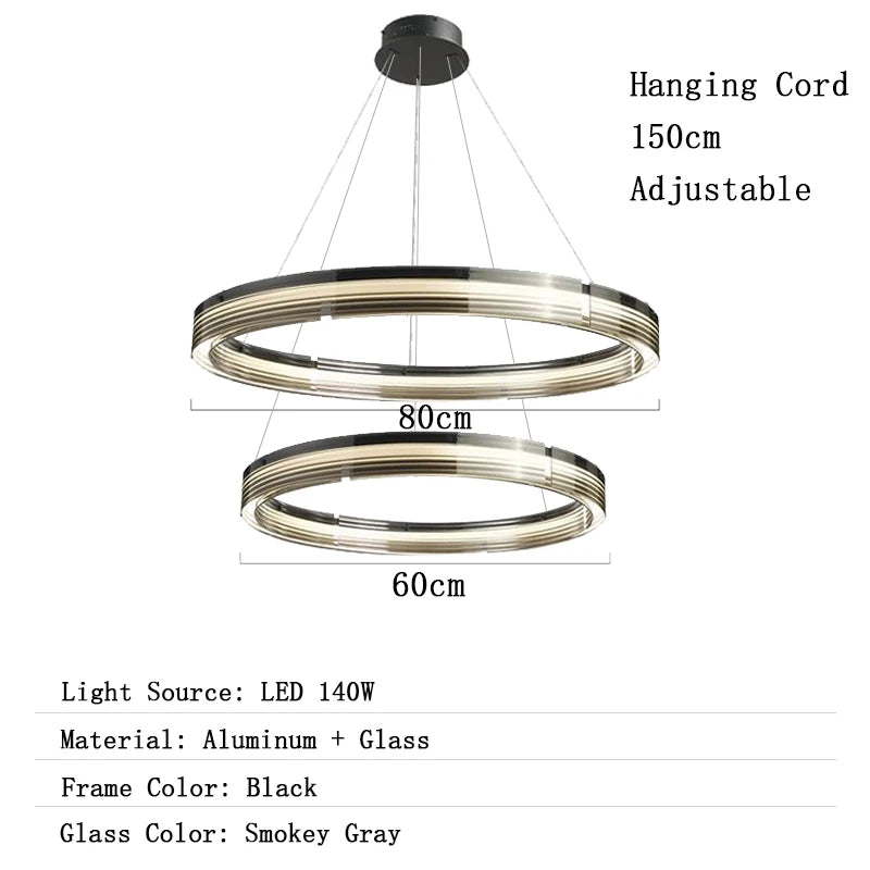 Three circular pendant lights with dimensions and specifications on a white background
