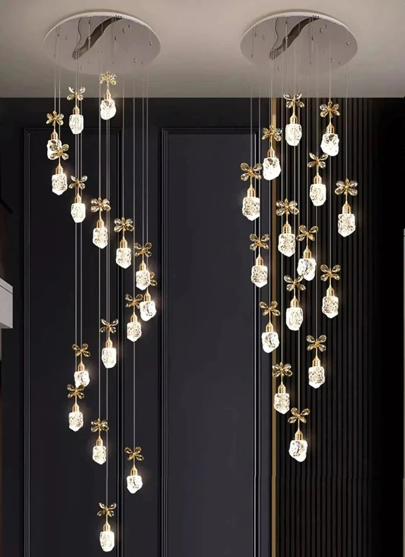 Decorative ceiling lights with crystal-like bulbs on a dark background