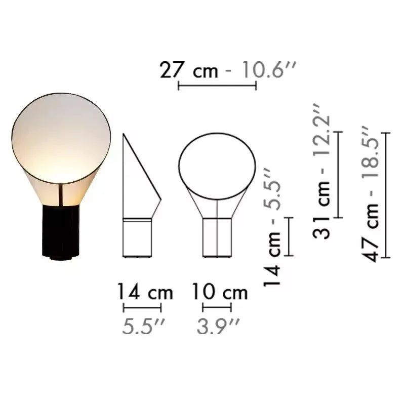 Measurement chart of a light bulb with dimensions labeled in centimeters and inches.