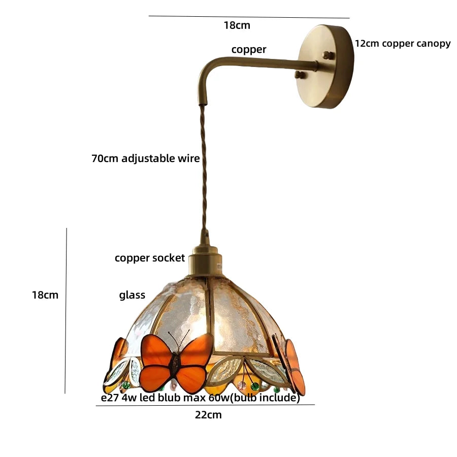 Butterfly-themed pendant light with measurements on a white background