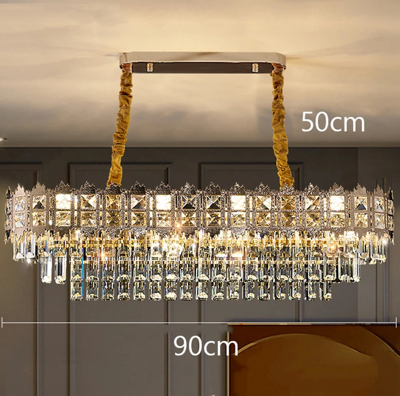 Chandelier with dimensions labeled on a neutral background