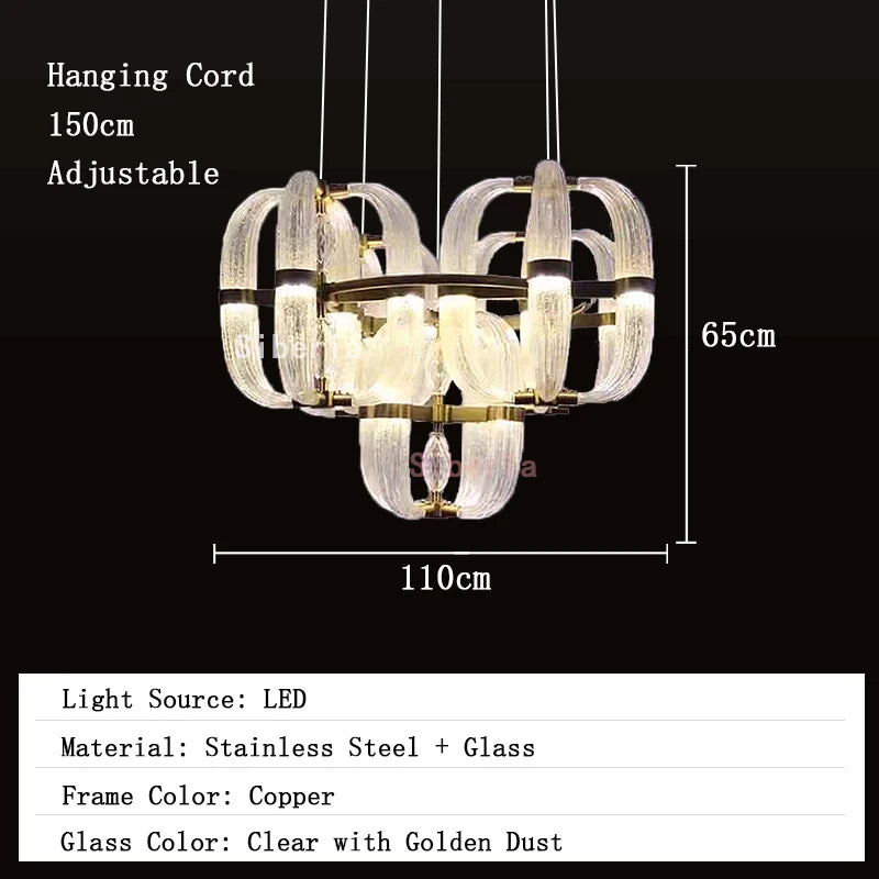Chandelier with dimensions and specifications on a black background