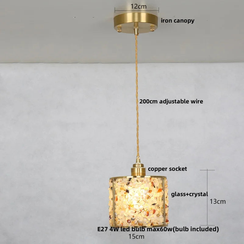 Pendant light with labeled parts on a white background