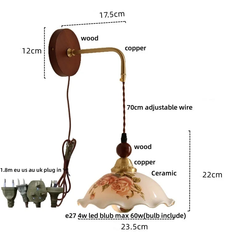 Measurement chart of a decorative wall light fixture with labeled parts and dimensions.
