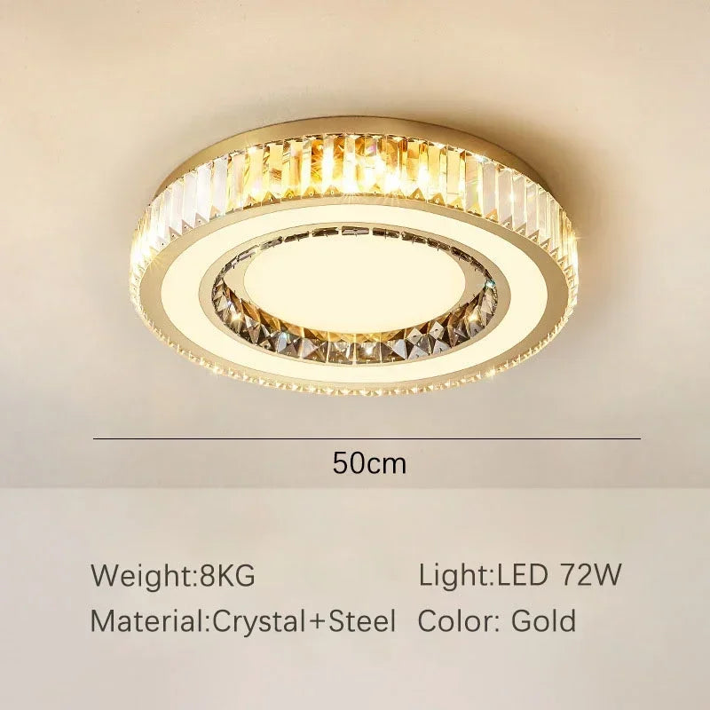 Gold ceiling light fixture with crystal accents on a beige background