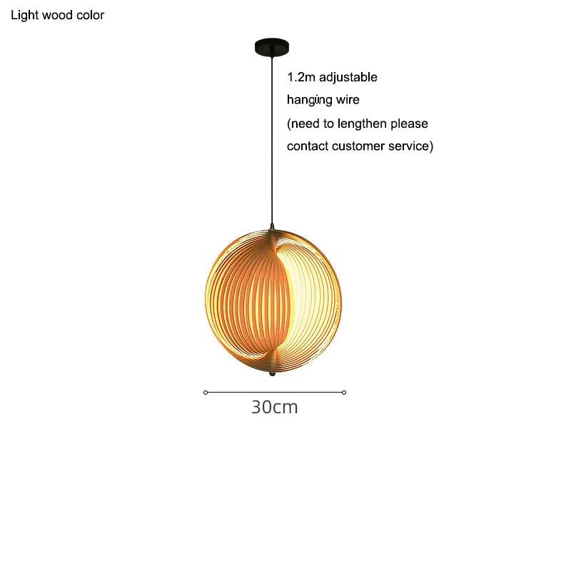 Light wood color pendant light with adjustable hanging wire on a white background