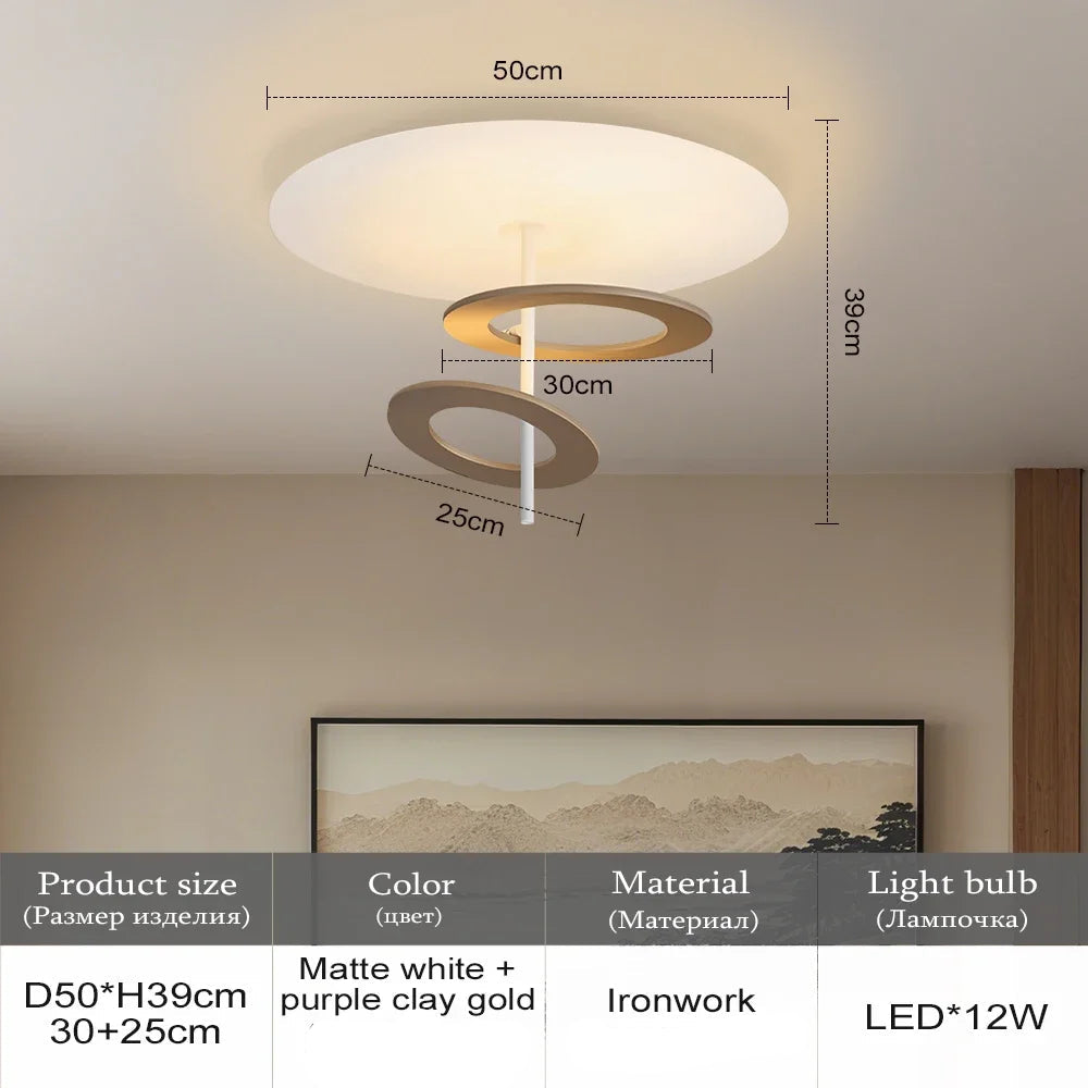 Ceiling light fixture with dimensions and product details on a neutral wall background