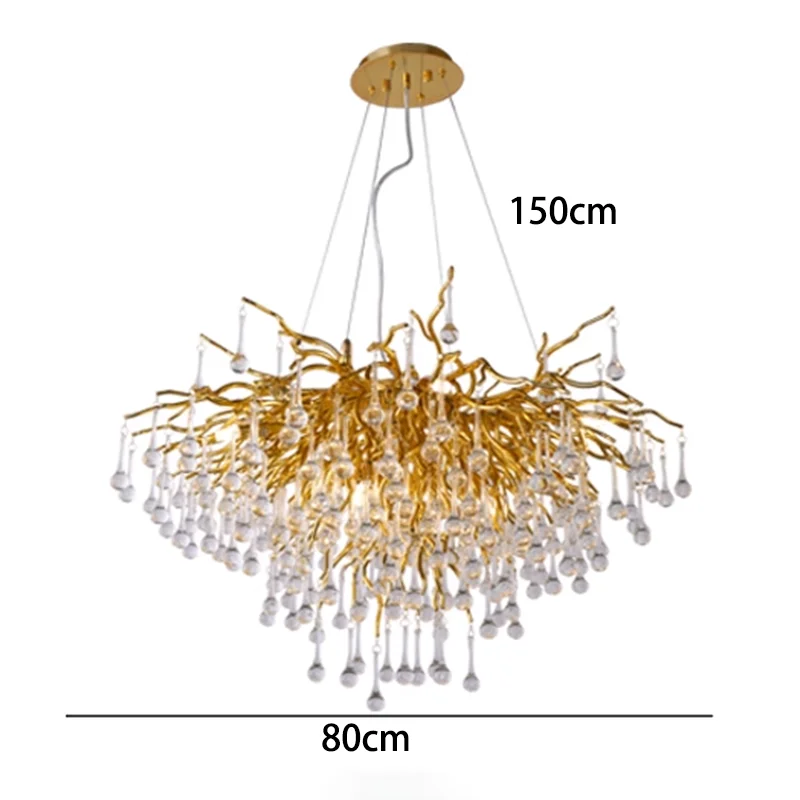 Gold chandelier with measurements on a white background