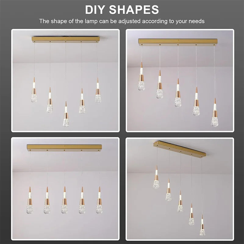 Diagram showing the dimensions of the gold crystal teardrop pendant light fixture, including height and canopy size.