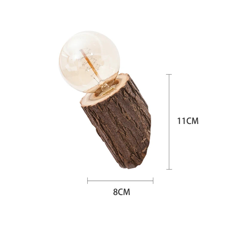 Wooden lamp with a bulb on a white background, showing dimensions.