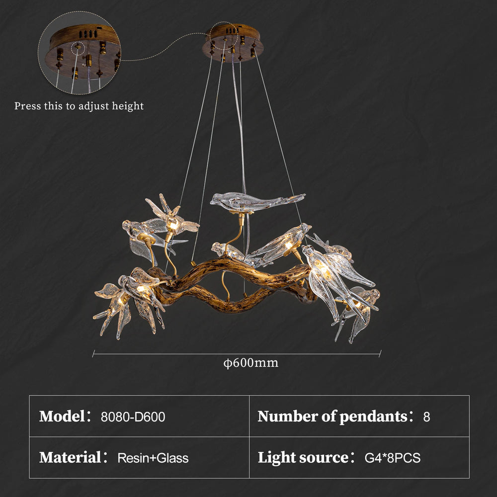 Chandelier with eight pendants on a dark background, featuring details like material and light source.