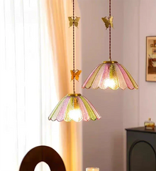 Gold Butterfly Glass Pendant Light with Multi-Color Scalloped Shade