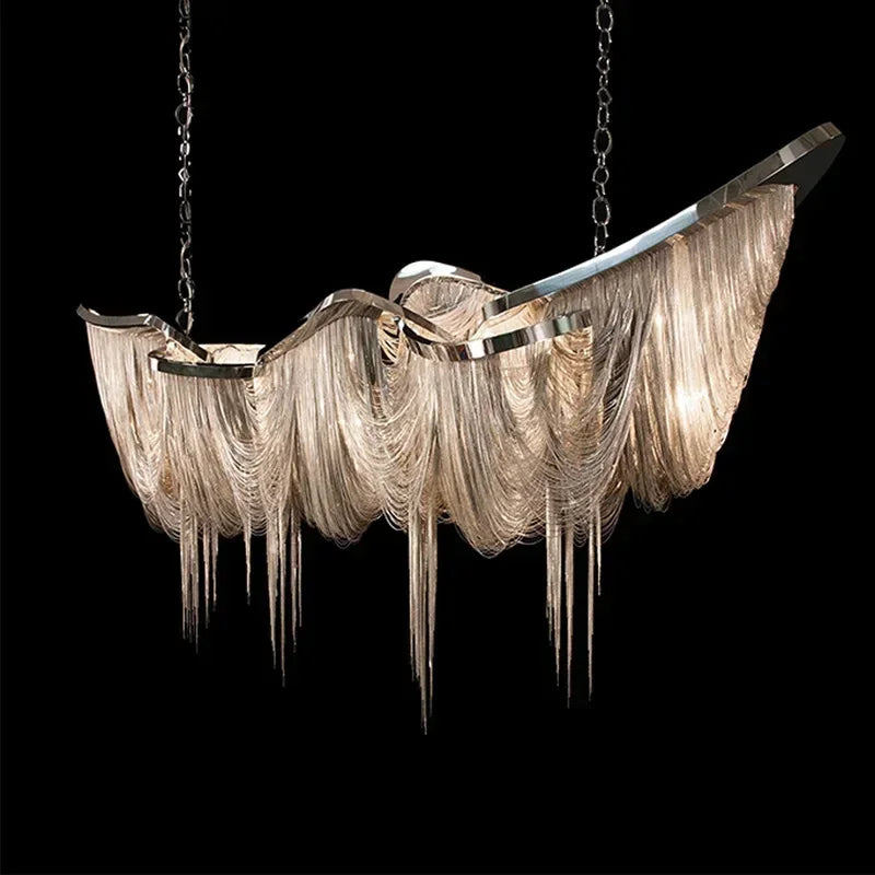 Close-up of the chrome aluminum chain tassel pendant light showcasing the intricate chain detail.