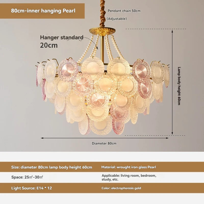 Chandelier with pearl-like design and measurement details on a gray background