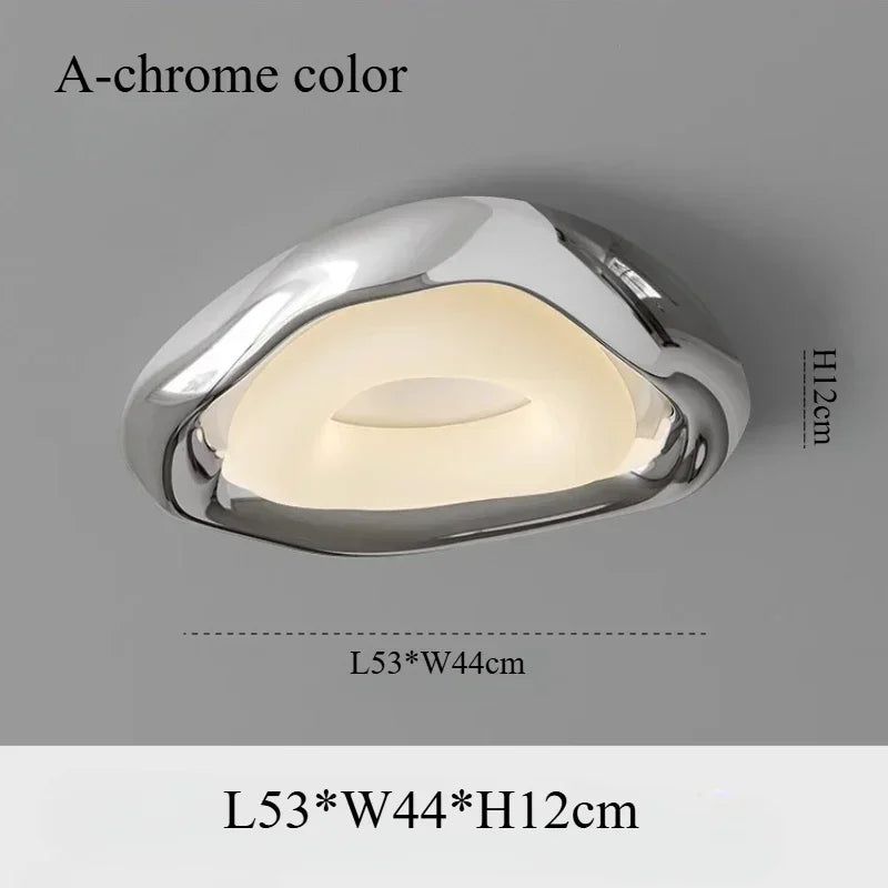 Chrome ceiling light fixture with dimensions on a gray background