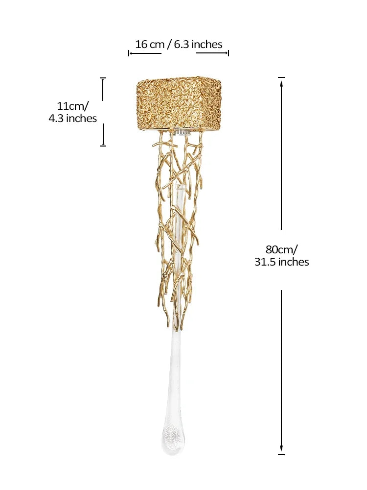 Gold decorative item with measurements on a white background