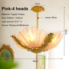 Gold Leaf Seashell Pendant Light with Fluted Pink Frosted Glass Shade