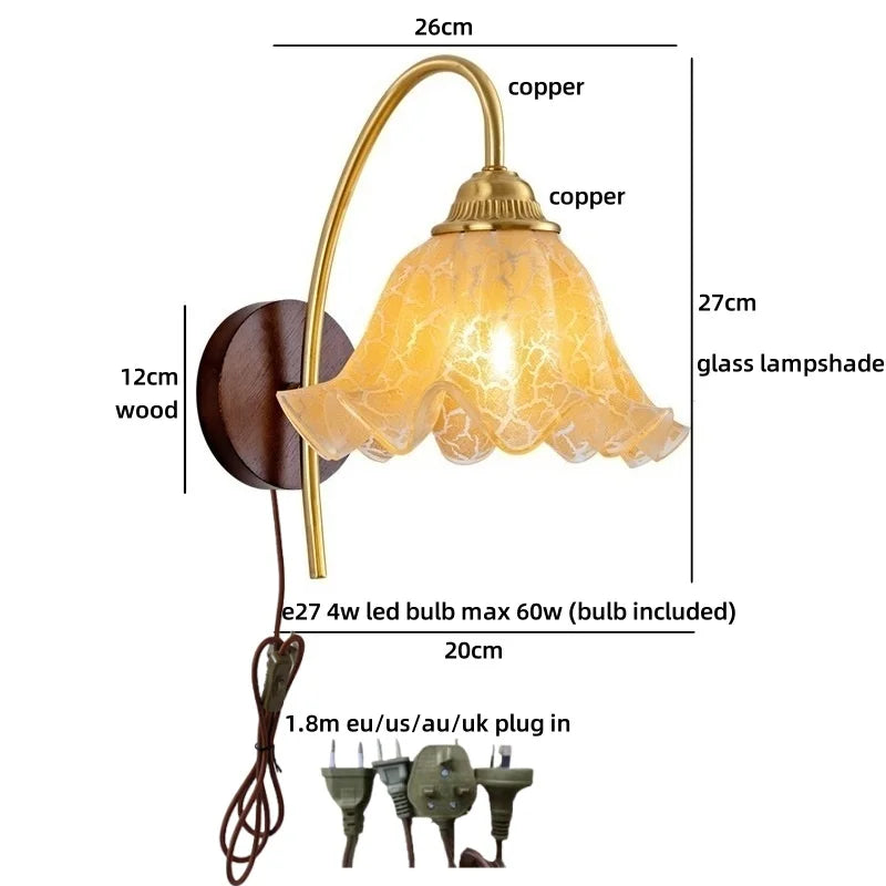 Wall-mounted lamp with dimensions and features labeled on a white background