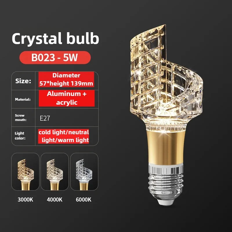 Crystal light bulb with specifications on a black background