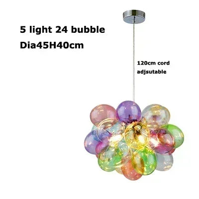Colorful bubble pendant light with text detailing specifications on a white background