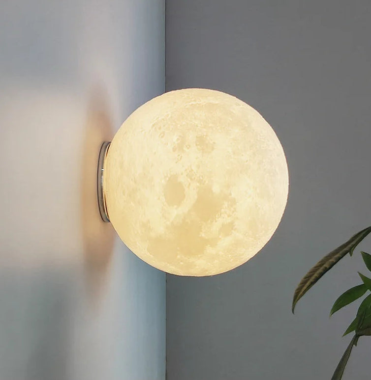 Moon-shaped wall light fixture on a gray wall with a plant in the corner