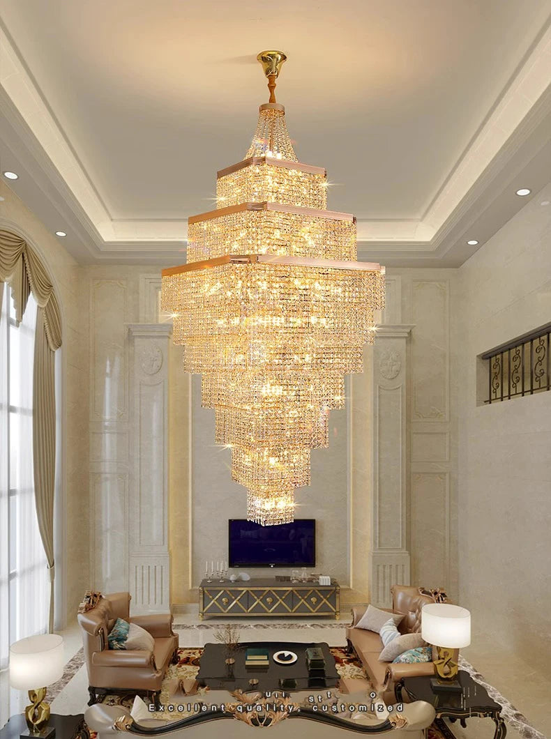 Luxurious chandelier hanging in a living room with elegant decor.