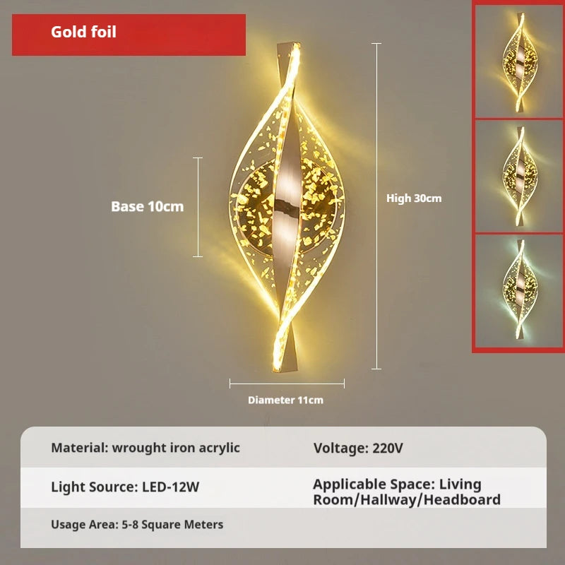 Decorative wall light with gold foil finish, dimensions, and specifications on a gray background.