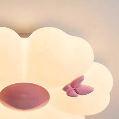 White Flower Cloud Semi-Flush Mount Light with Pink Butterflies