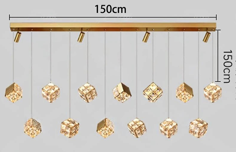 Chandelier with gold cubes and measurements on a gray background