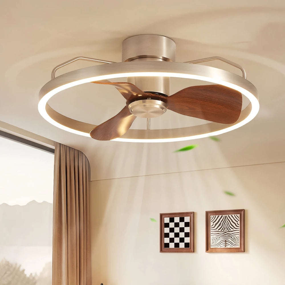 Close-up of a brushed nickel ceiling fan light featuring a circular LED halo and dark wood fan blades.