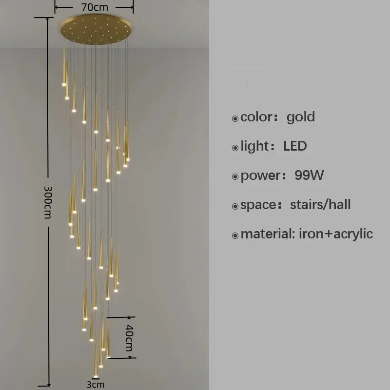 Gold LED chandelier with dimensions and specifications on a gray background
