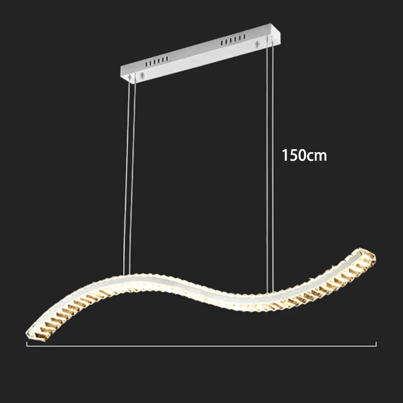 Curved pendant light with measurement label on a black background