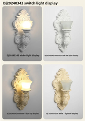 White wall lamp with ornate scrollwork and a faux candle light, shown on and off.