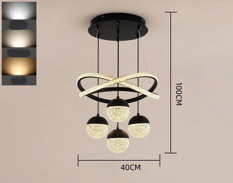 Modern chandelier with dimensions and light color options on a beige background