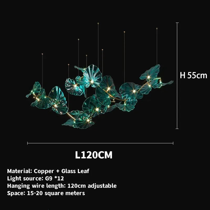 Decorative leaf-shaped light fixture with dimensions and material details on a black background