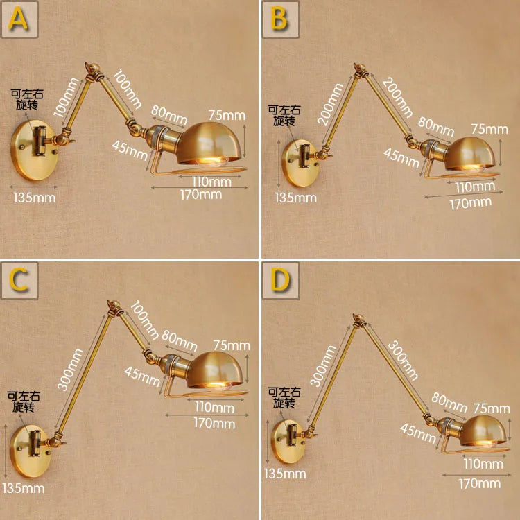 Diagram A showing dimensions of a brass swing arm wall sconce, with measurements indicated.