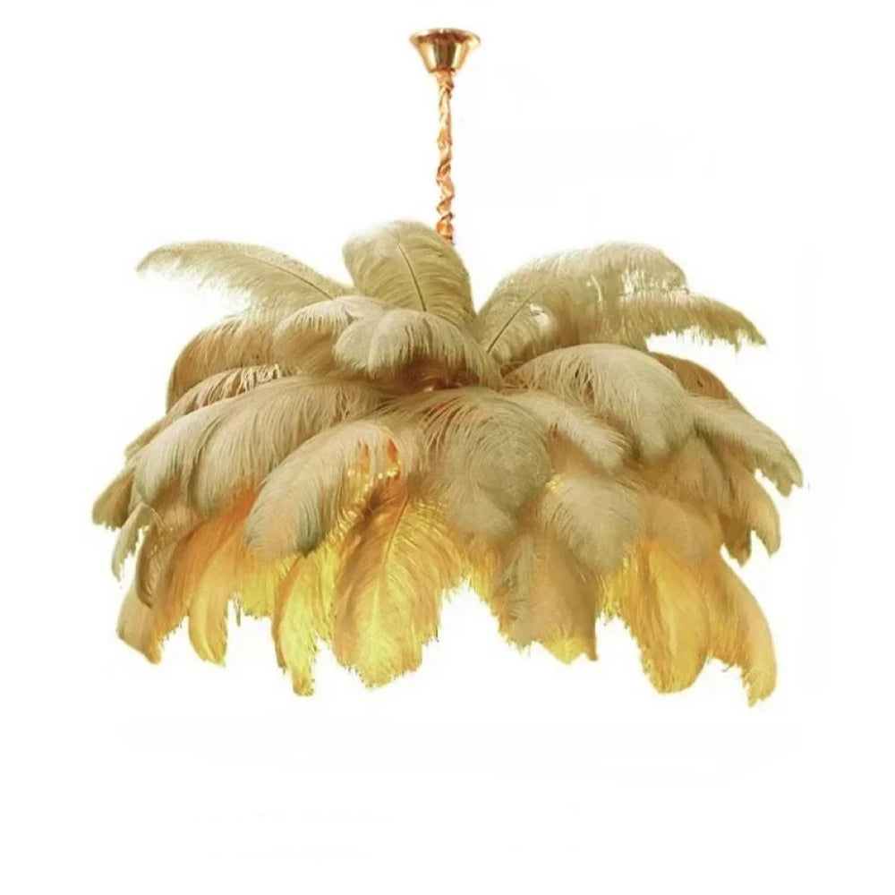 Feathered chandelier with a gold finish on a white background