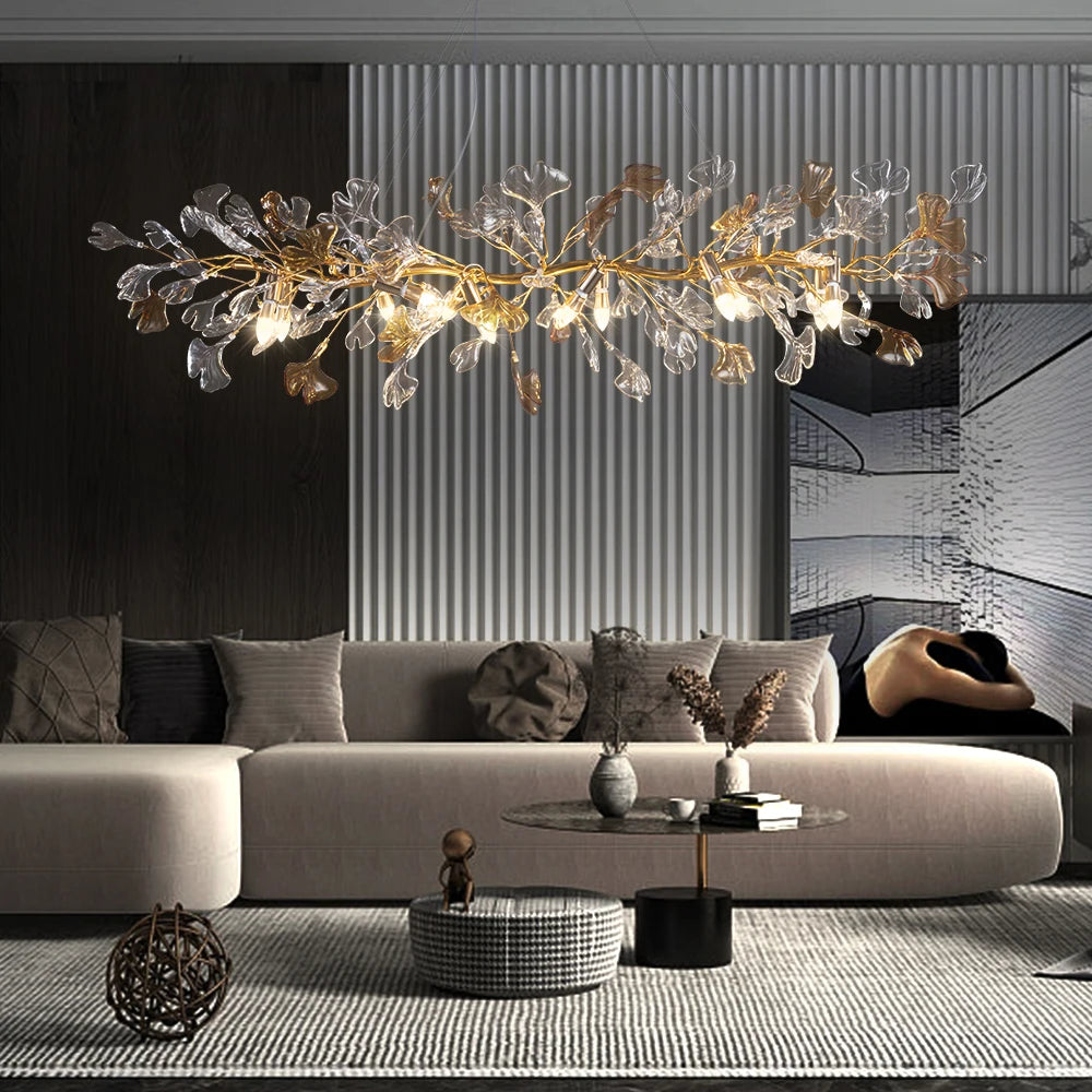 A different view of the gold leaf crystal chandelier in a dining room setting.