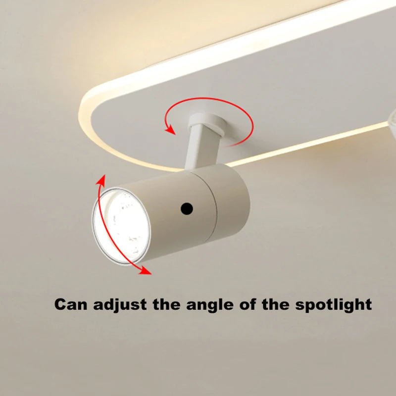 Ceiling light fixture with adjustable spotlight on a plain background