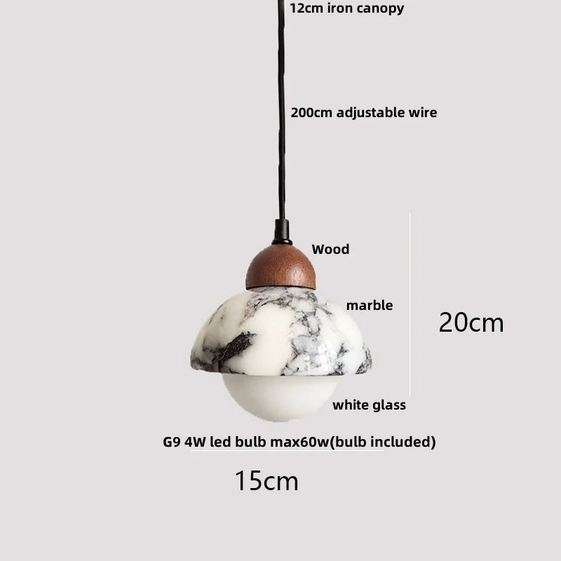 Marble pendant light with dimensions and materials labeled on a gray background