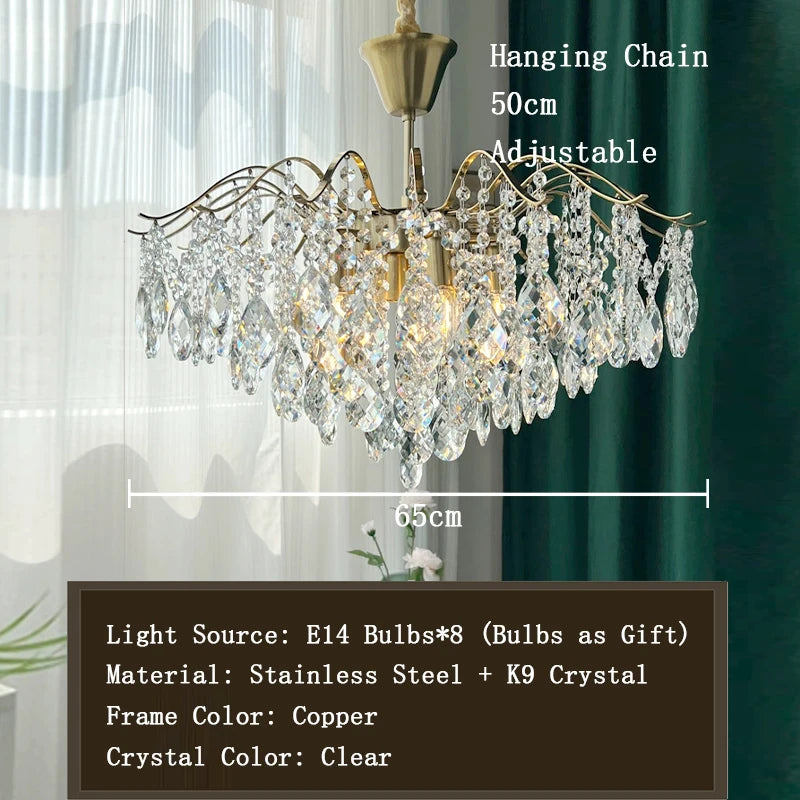 Crystal chandelier with dimensions and material details on a blurred background