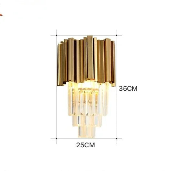 Gold wall-mounted light fixture with dimensions on a white background