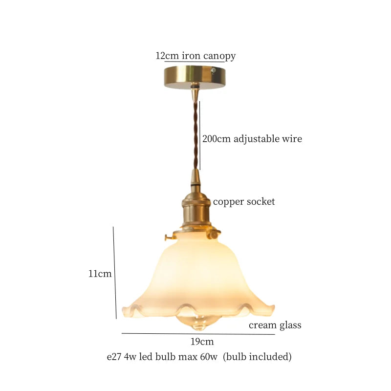 Pendant light with labeled parts and dimensions on a white background